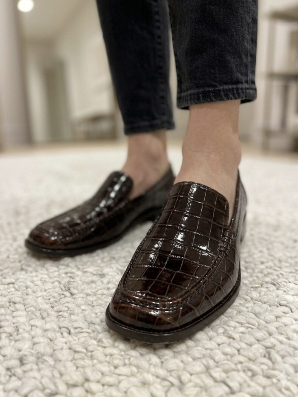 Women's Croc-Effect Brown Moccasin Loafers